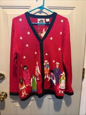 Storybook Knits Red Button-Up Cardigan with Around the world 3D Embroidery Sz M